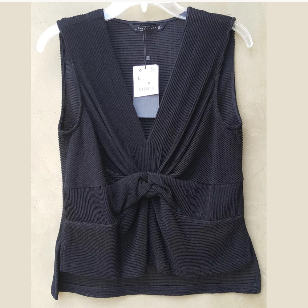 Zara Black Twist-Knot Ribbed V-Neck Tank